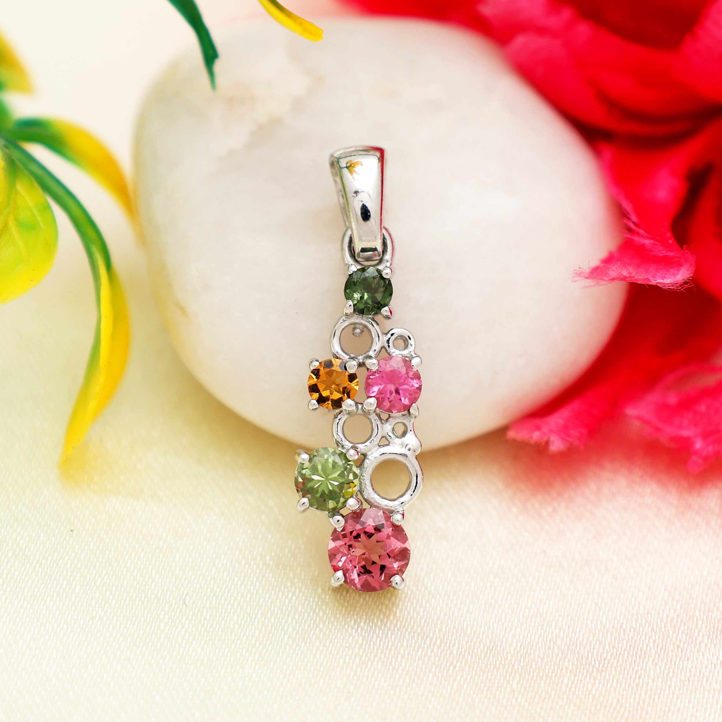 Multi Tourmaline Round Pendant with Prong Setting