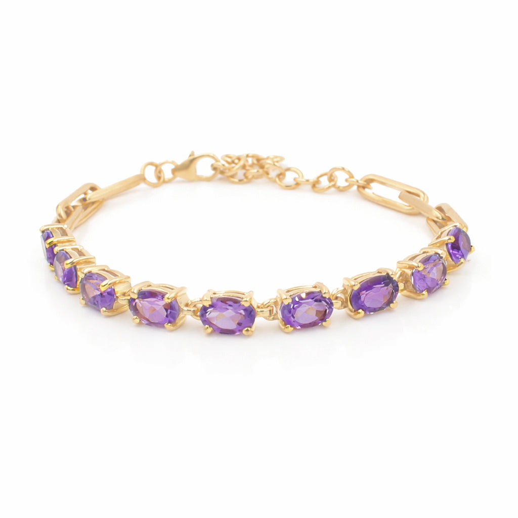 Amethyst Oval Stone Long Link Chain Bracelet in 925 Silver