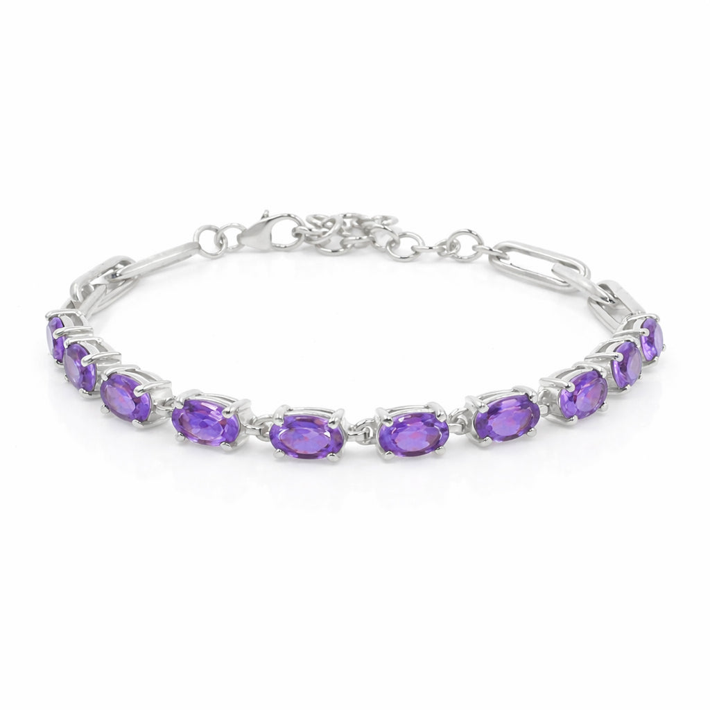 Amethyst Oval Stone Long Link Chain Bracelet in 925 Silver