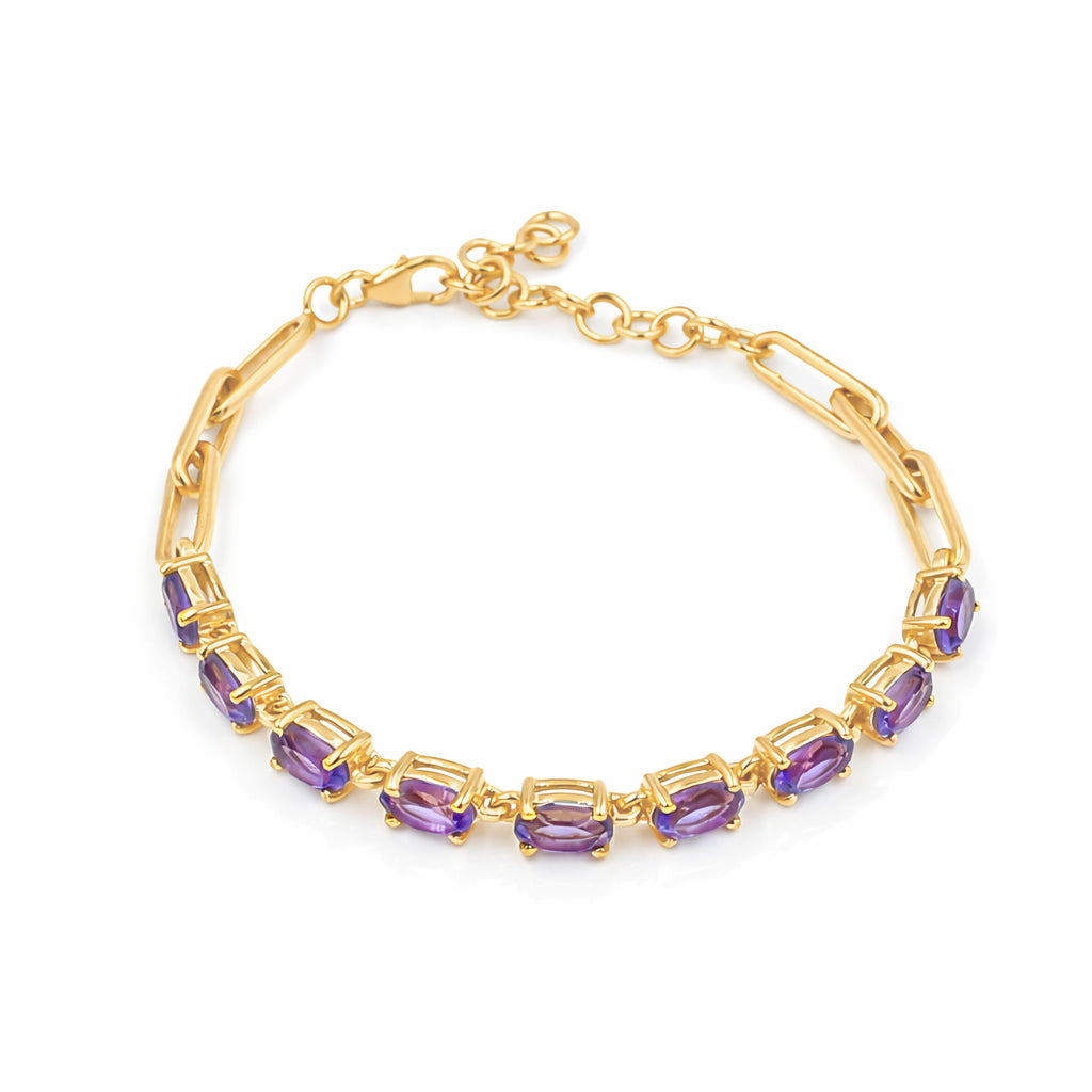 Amethyst Oval Stone Long Link Chain Bracelet in 925 Silver
