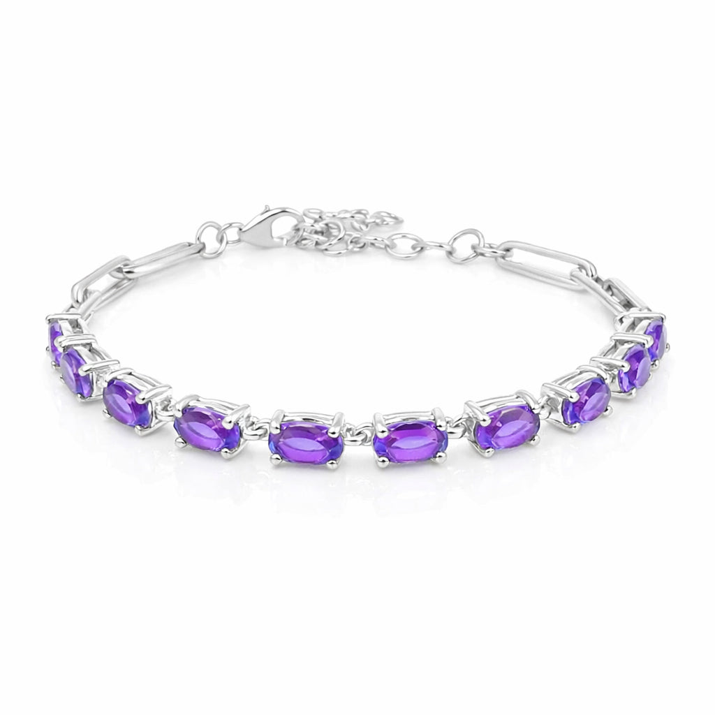 Amethyst Oval Stone Long Link Chain Bracelet in 925 Silver