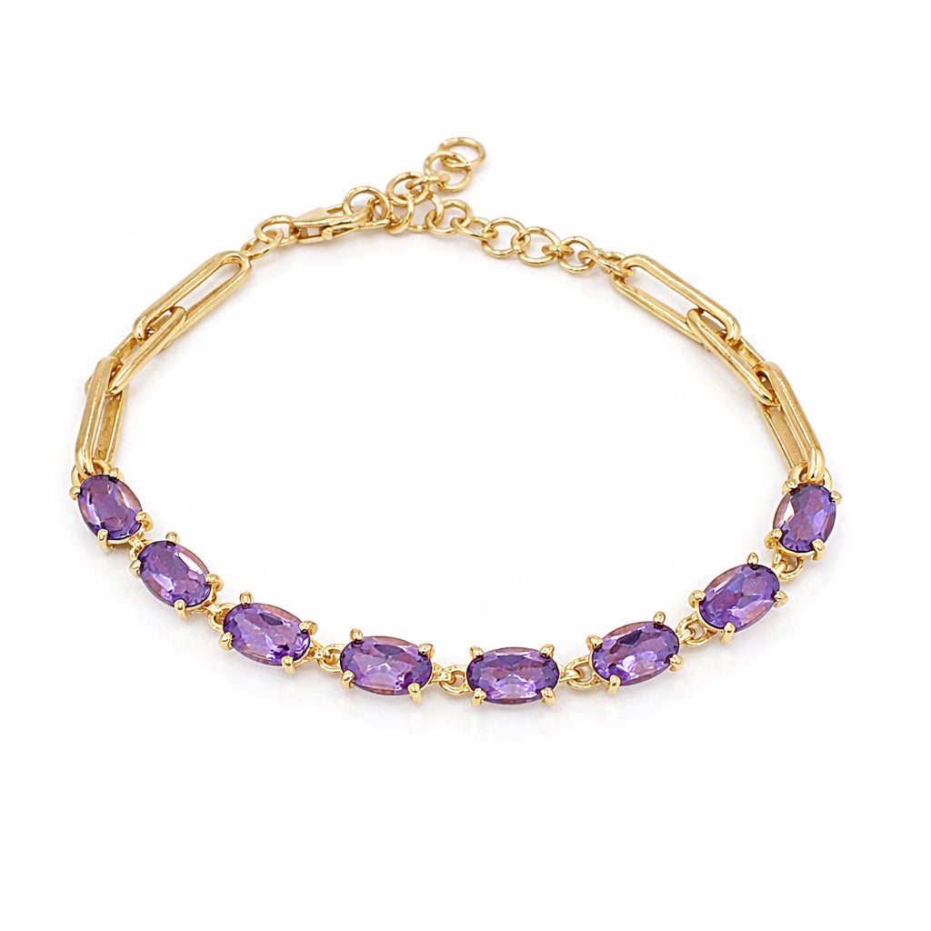 Amethyst Oval Stone Long Link Chain Bracelet in 925 Silver