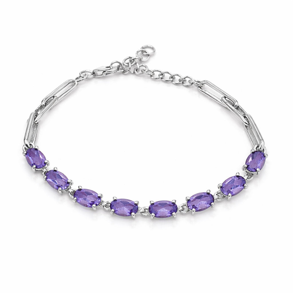 Amethyst Oval Stone Long Link Chain Bracelet in 925 Silver