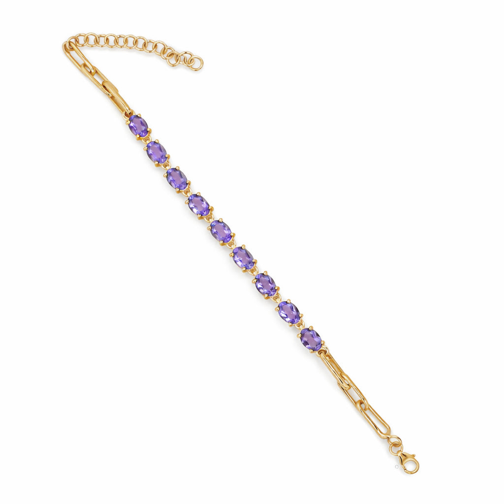 Amethyst Oval Stone Long Link Chain Bracelet in 925 Silver