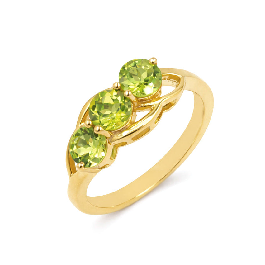 925 Silver Three-Stone Peridot Ring with Round Green Gemstones