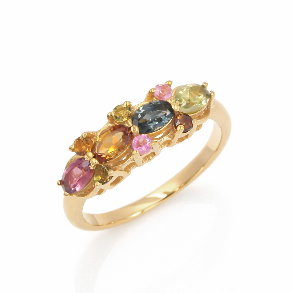 Multi Tourmaline Ten Stone Layered Ring in 925 Silver