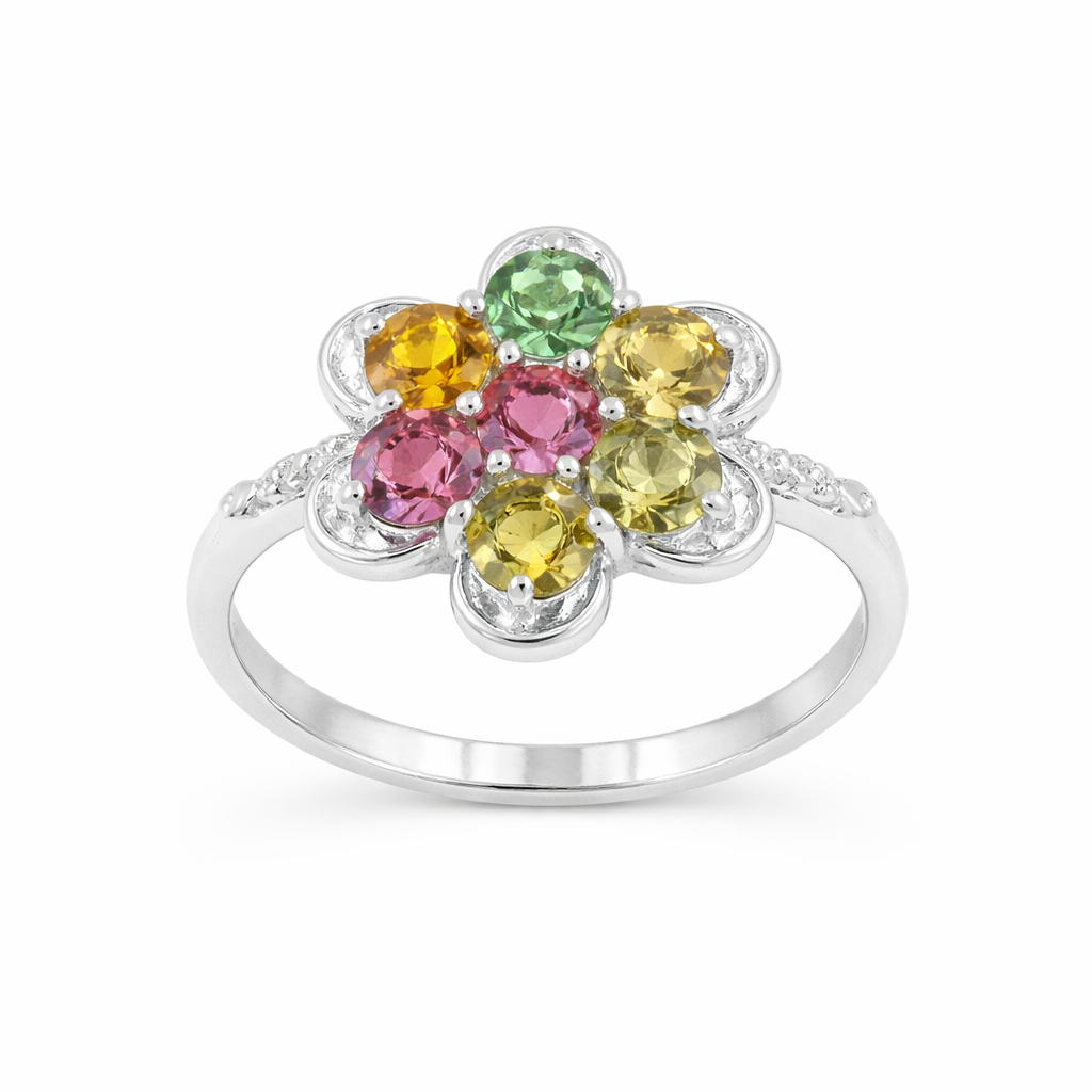 Multi Tourmaline Floral Cluster Ring in 925 Silver