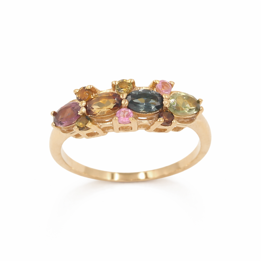 Multi Tourmaline Ten Stone Layered Ring in 925 Silver