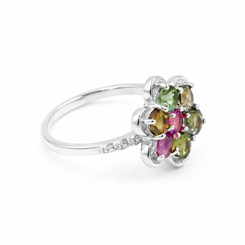 Multi Tourmaline Floral Cluster Ring in 925 Silver