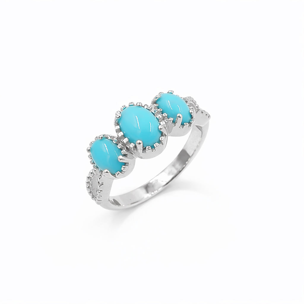 Three Stone Turquoise Oval Cabochon Ring 925 Silver