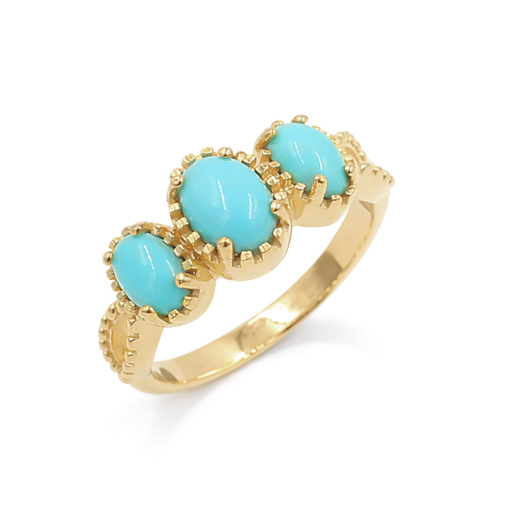 Three Stone Turquoise Oval Cabochon Ring 925 Silver