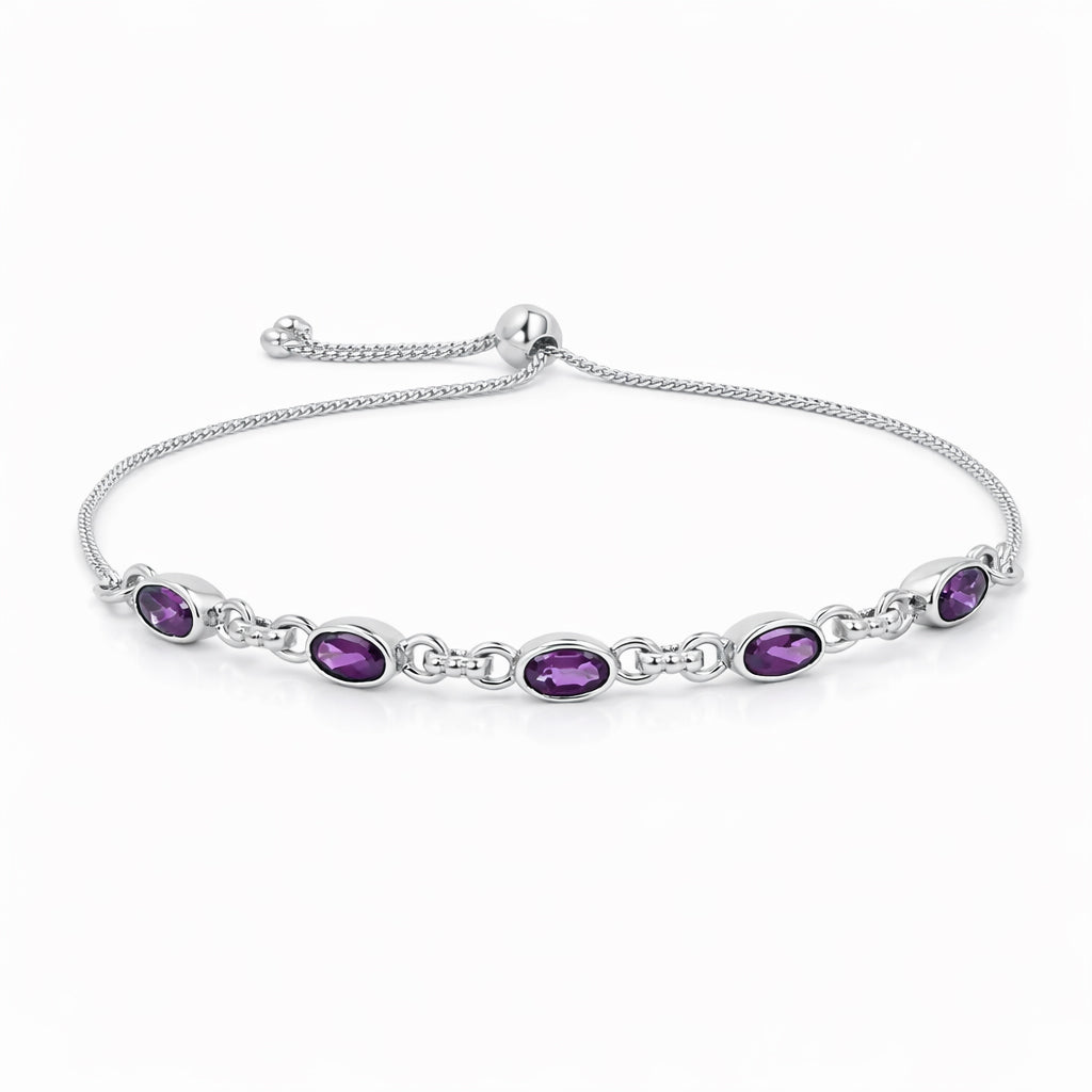 Rhodolite Garnet Oval Stone Charm Link Bracelet in 925 Silver