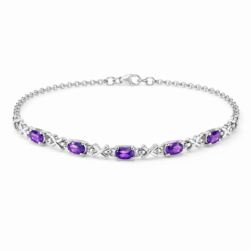 Amethyst Oval Stone Charm & Cross Link Bracelet in 925 Silver