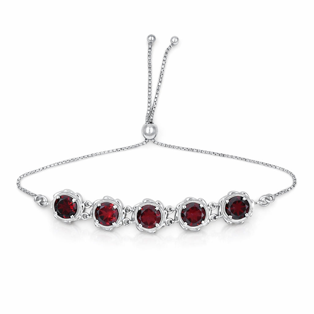 Garnet Round Stone Charm Link Bracelet in 925 Silver