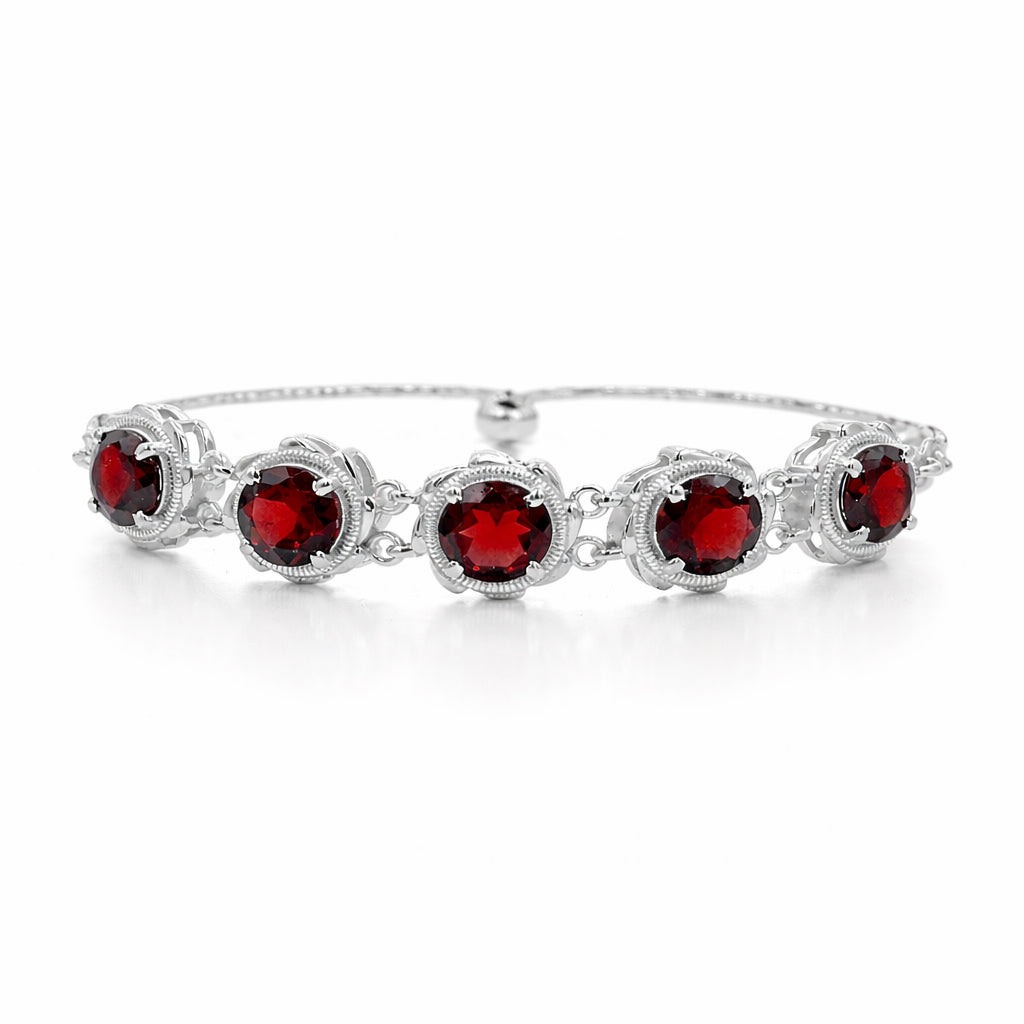 Garnet Round Stone Charm Link Bracelet in 925 Silver