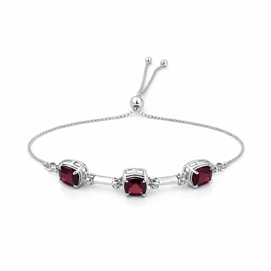 Garnet Cushion Shape Stone Charm Chain Link Bracelet in 925 Silver
