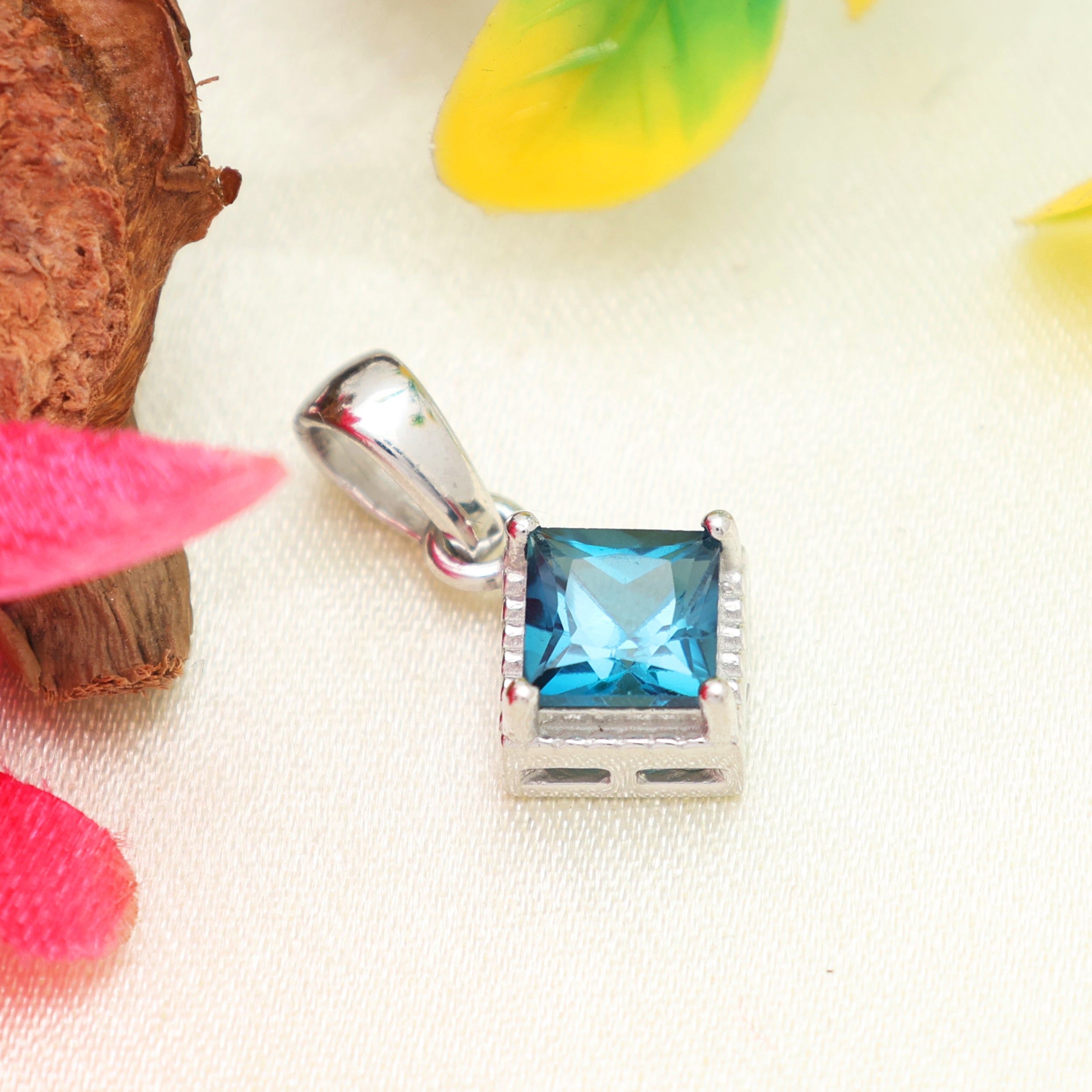 London Blue Topaz Square Pendant with Prong Setting