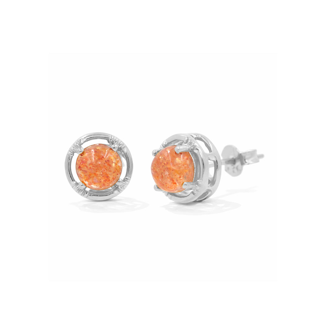 Sunstone Cabochon Circle Design Stud Earrings Prong Set