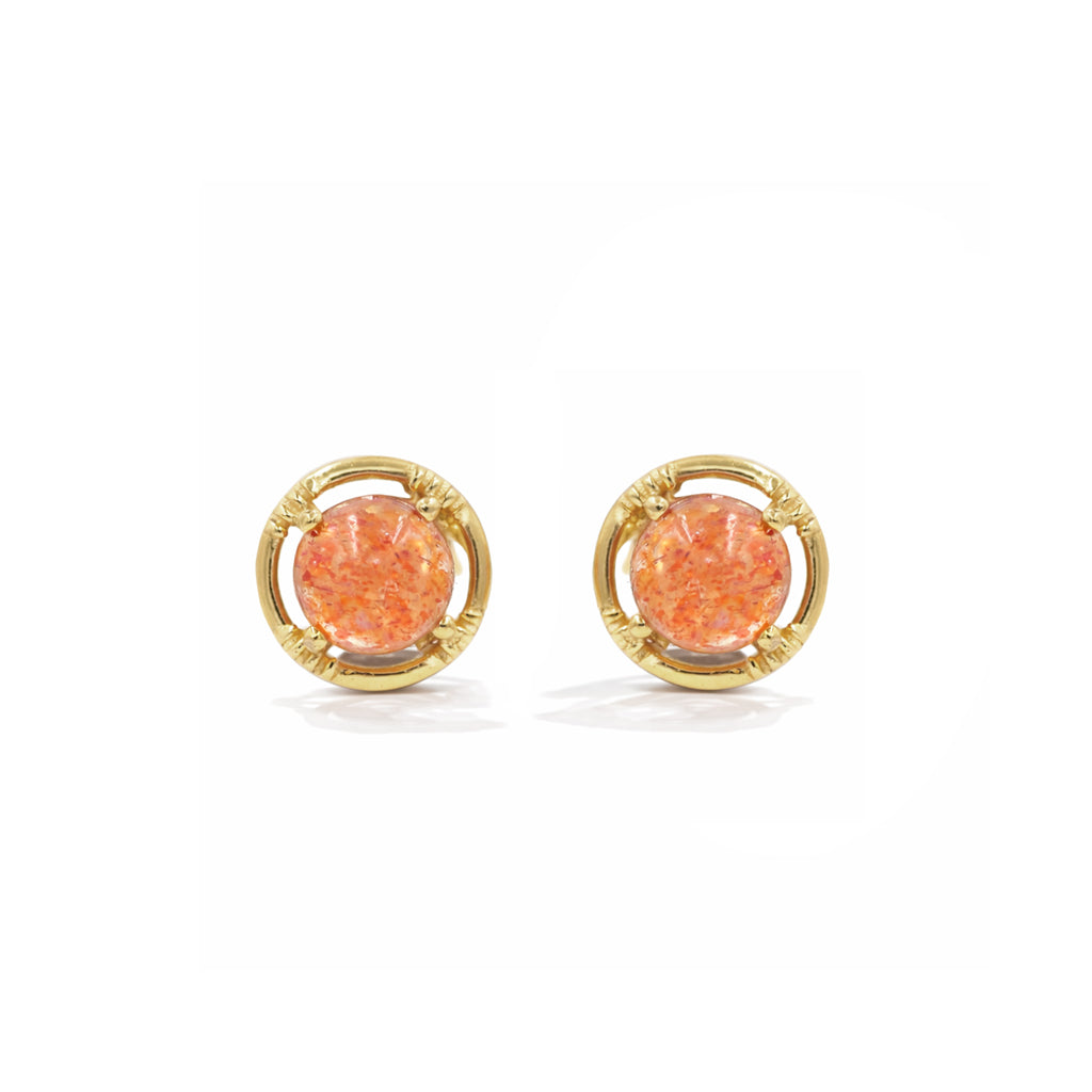 Sunstone Cabochon Circle Design Stud Earrings Prong Set