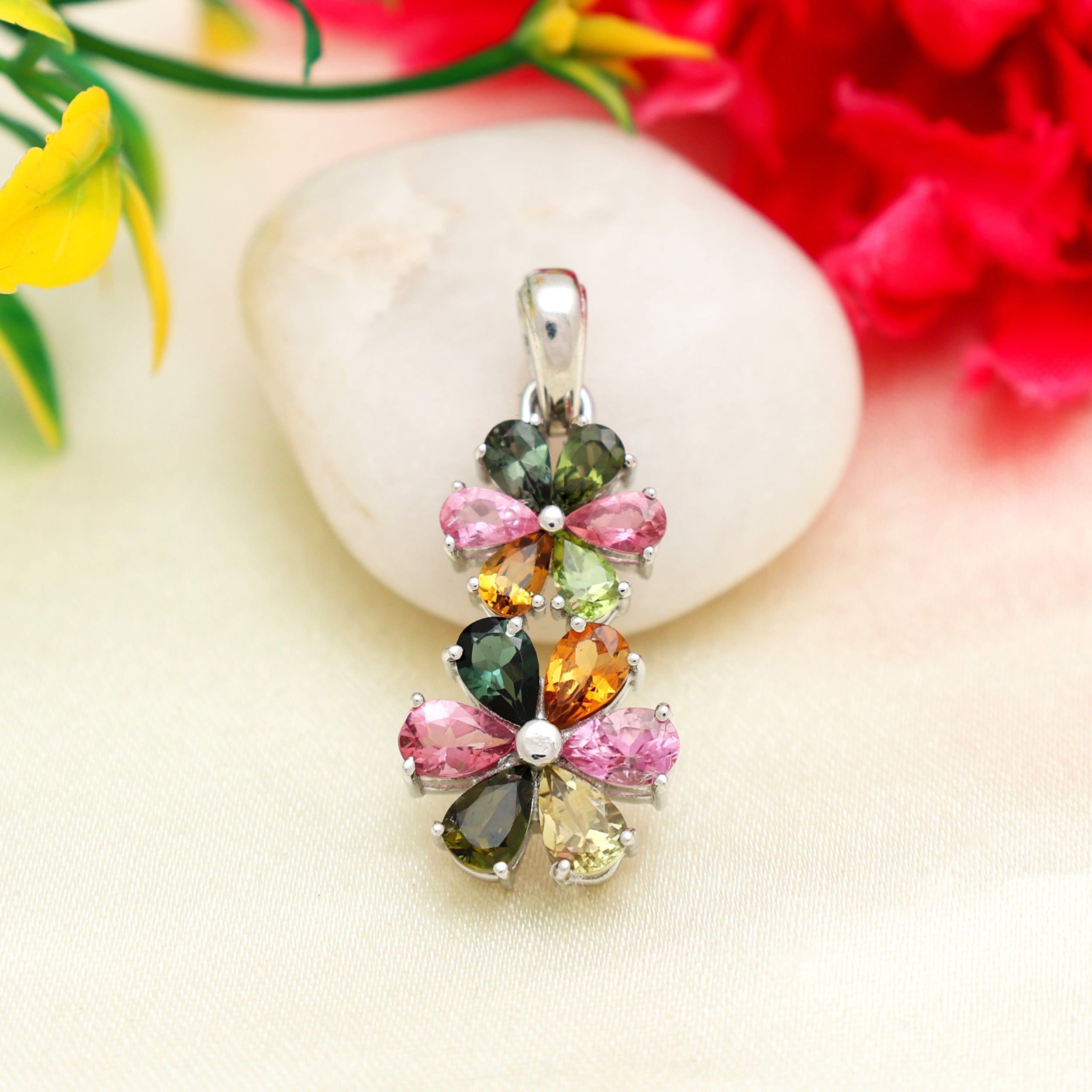 Multi Tourmaline Pear Pendant with Prong Setting