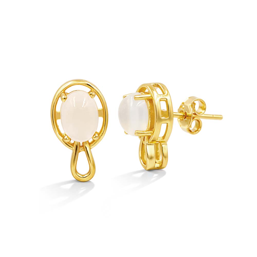 African Moonstone Oval Cabochon Fancy Surround Designer Earrings in 925 Sterling Silver Gold and Rhodium Plated