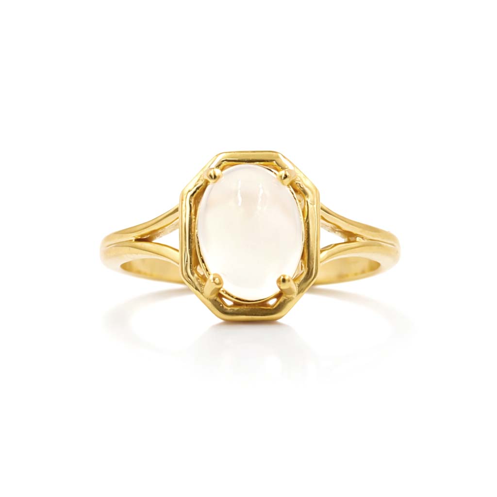 African Moonstone Oval Cabochon Octagon Border Modern Art Designer Ring in 925 Sterling Silver