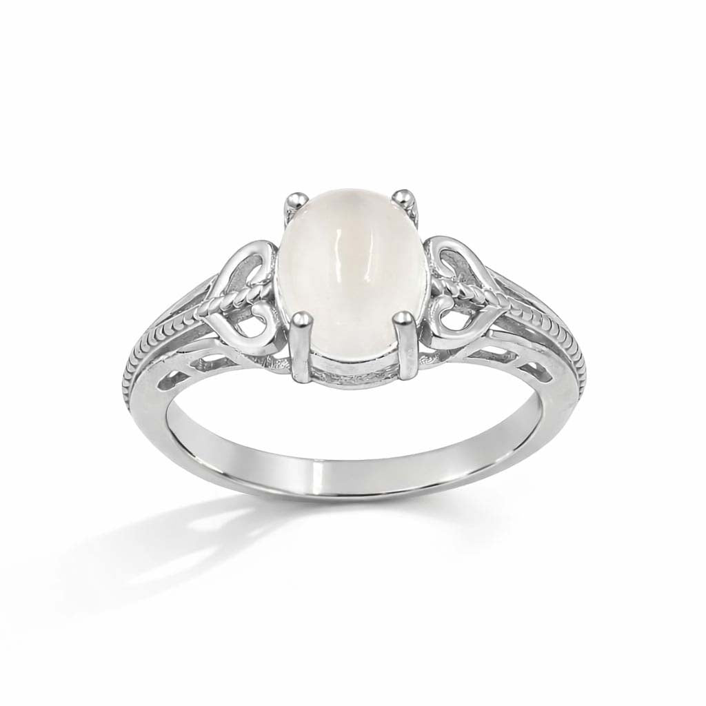 African Moonstone Oval Cabochon Heart Engraved Designer Ring in 925 Sterling Silver Gold and Rhodium Plated