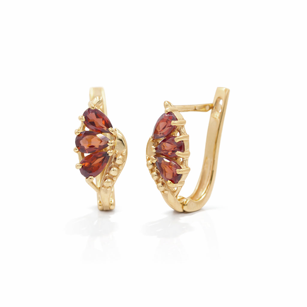 Garnet Butterfly Wing Pear Shape 3 Stone Latch Back Sterling Silver Designer Earrings