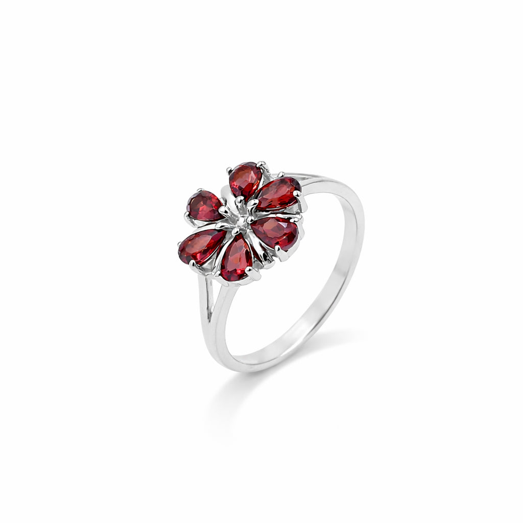 Garnet Red Lily Flower 6 Pear Shape Stone Floral Designer Sterling Silver Ring