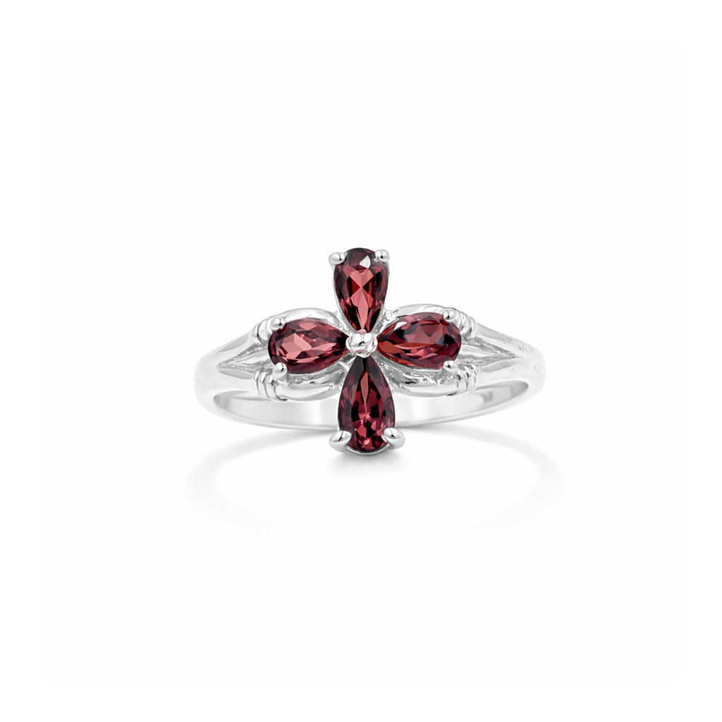 Garnet Red Poppy Flower 4 Petal Pear Shape Sterling Silver 925 Designer Ring