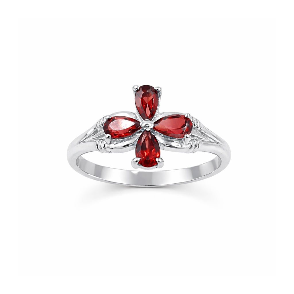 Garnet Red Poppy Flower 4 Petal Pear Shape Sterling Silver 925 Designer Ring