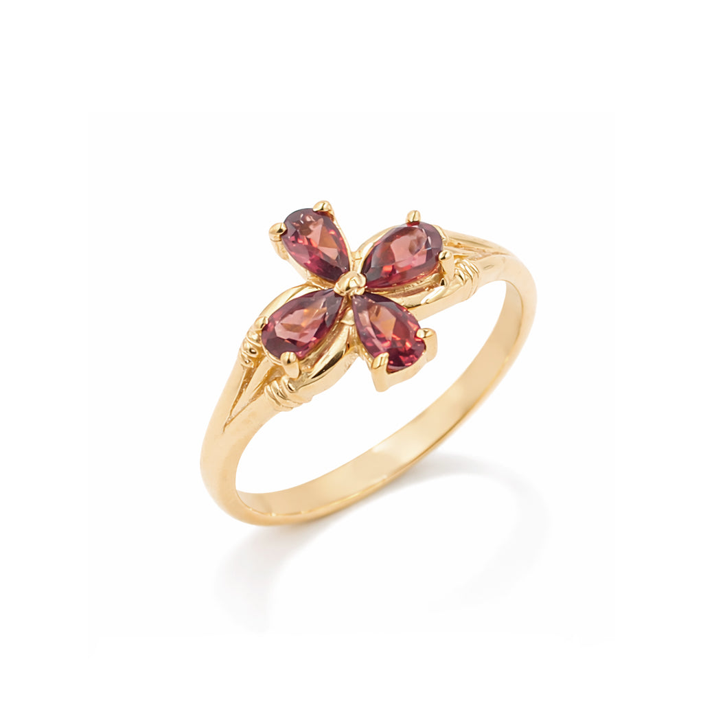 Garnet Red Poppy Flower 4 Petal Pear Shape Sterling Silver 925 Designer Ring