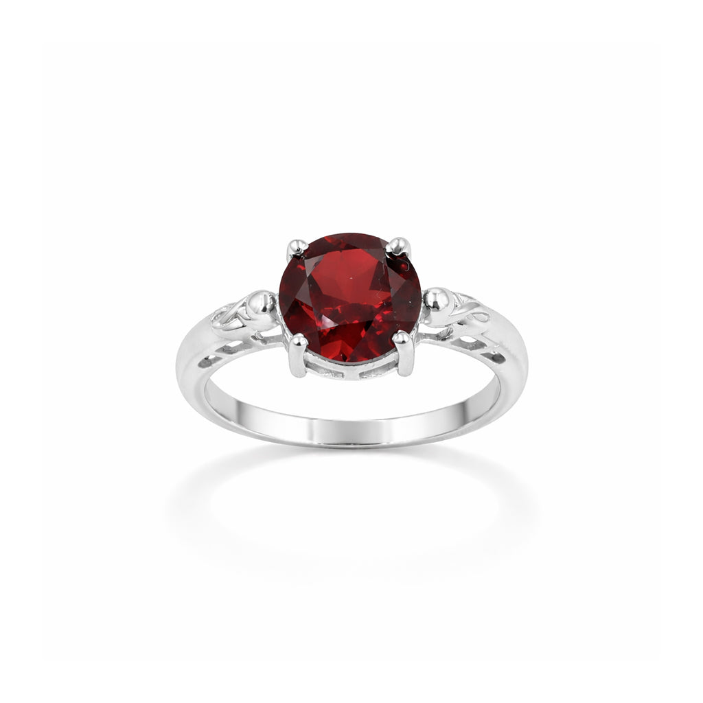 Garnet Solitaire Ring – Round Shape Single Stone Fancy Band Sterling Silver Designer Ring