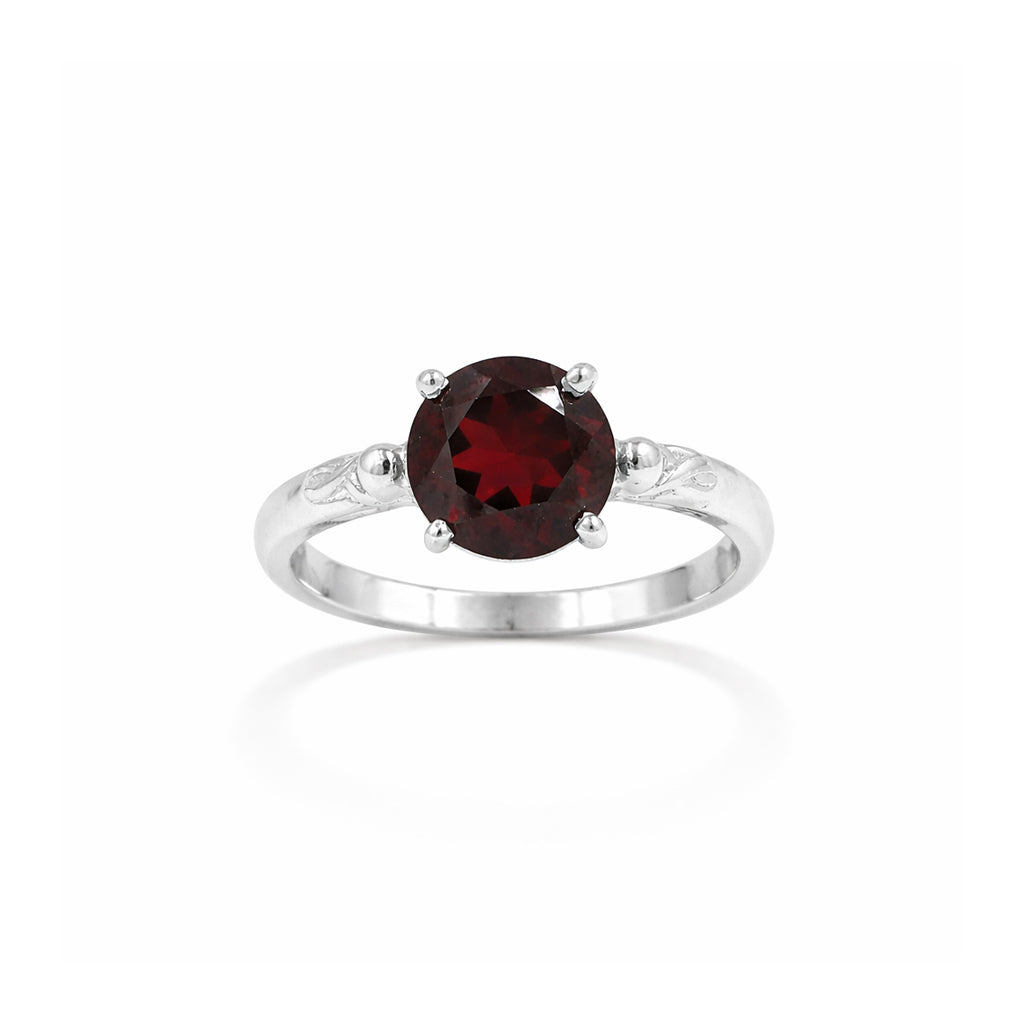 Garnet Solitaire Ring – Round Shape Single Stone Fancy Band Sterling Silver Designer Ring