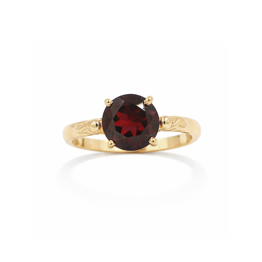 Garnet Solitaire Ring – Round Shape Single Stone Fancy Band Sterling Silver Designer Ring