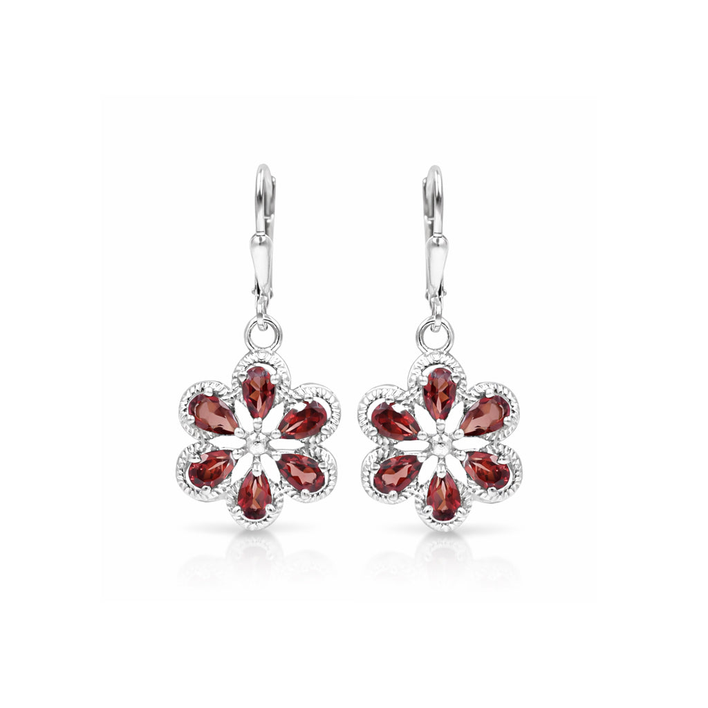 Garnet Flower Drop Earrings – 6 Petal Pear Shape Sterling Silver 925 Designer Earrings