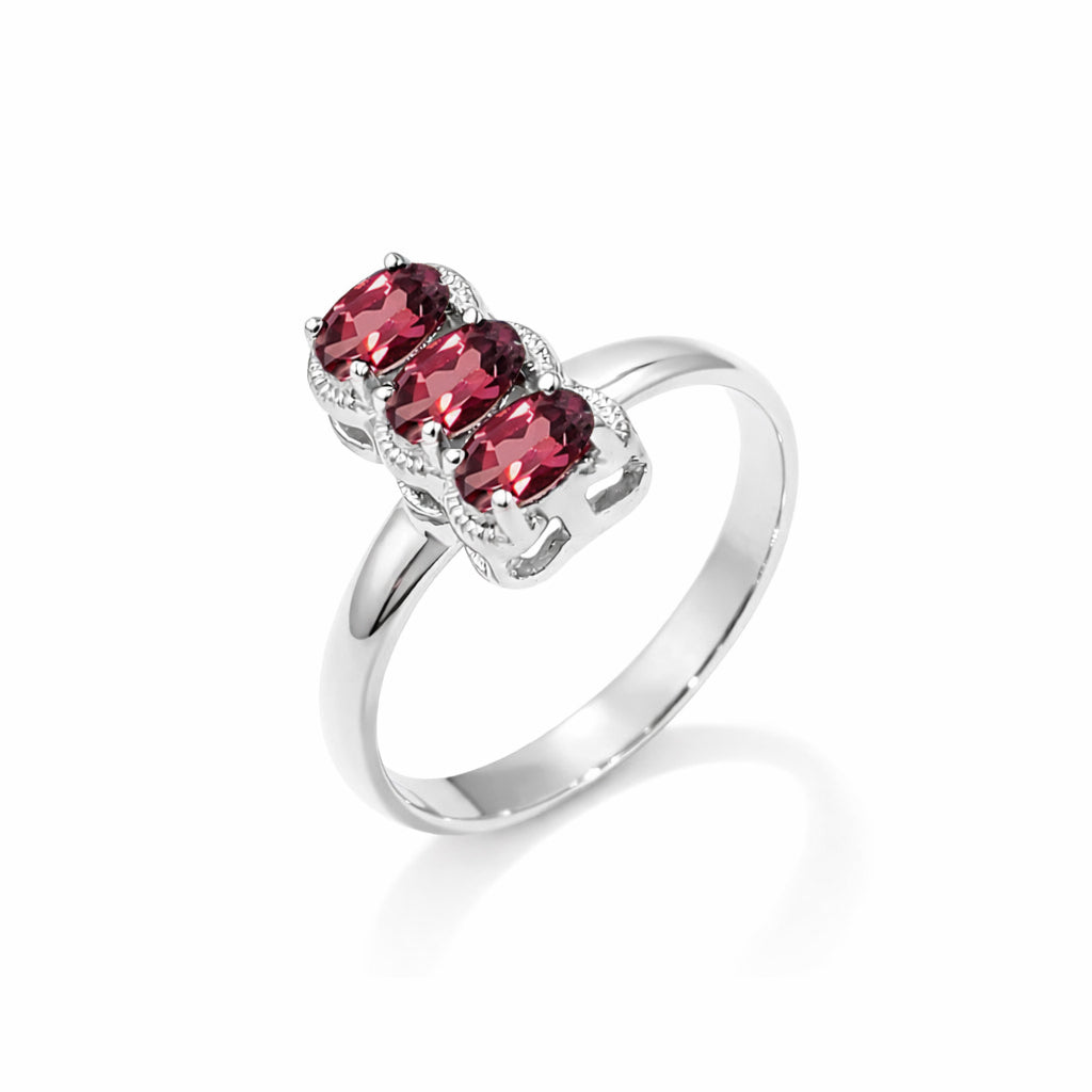 Garnet Three Stone Oval Gemstone Bar Design Sterling Silver 925 Prong Set Designer Ring