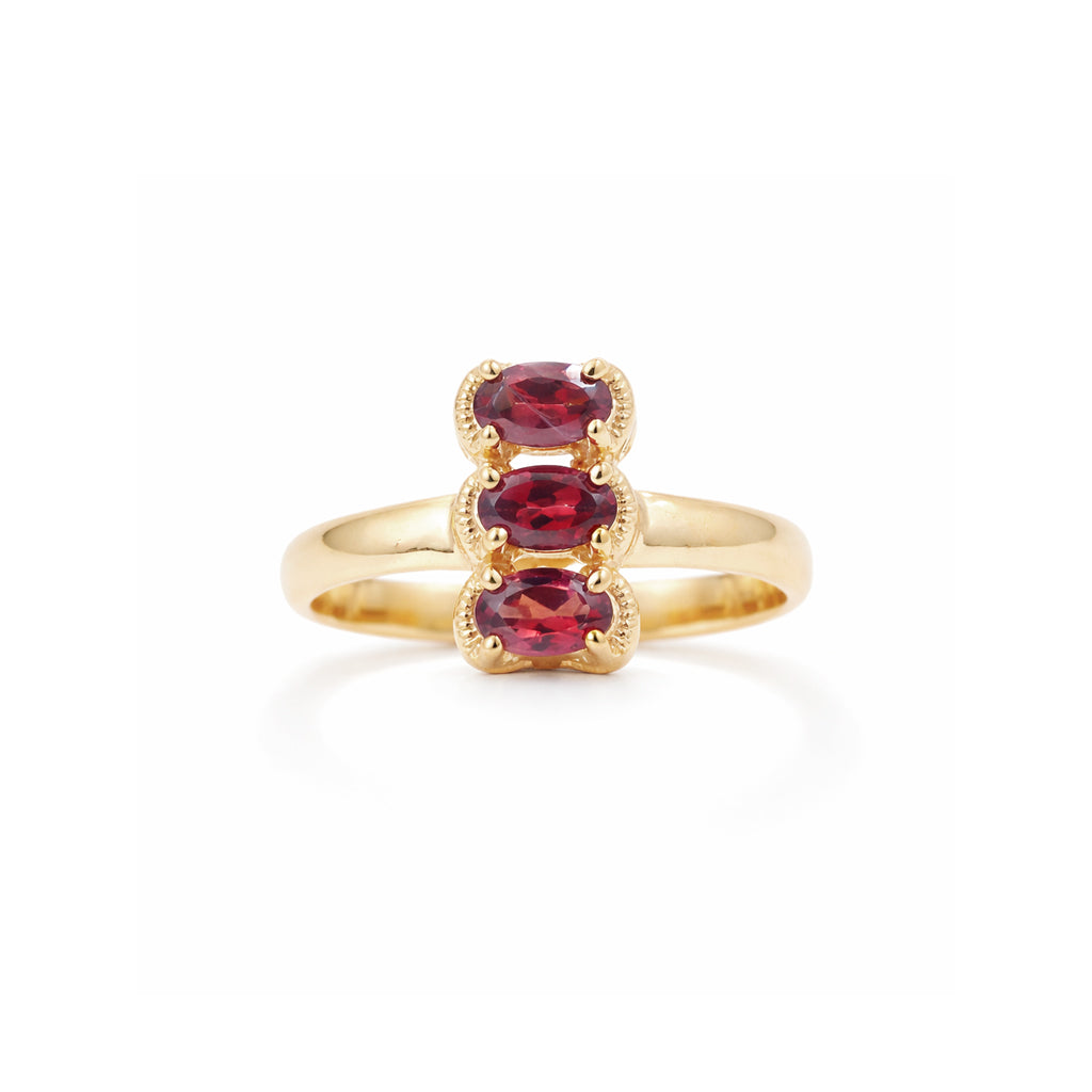 Garnet Three Stone Oval Gemstone Bar Design Sterling Silver 925 Prong Set Designer Ring
