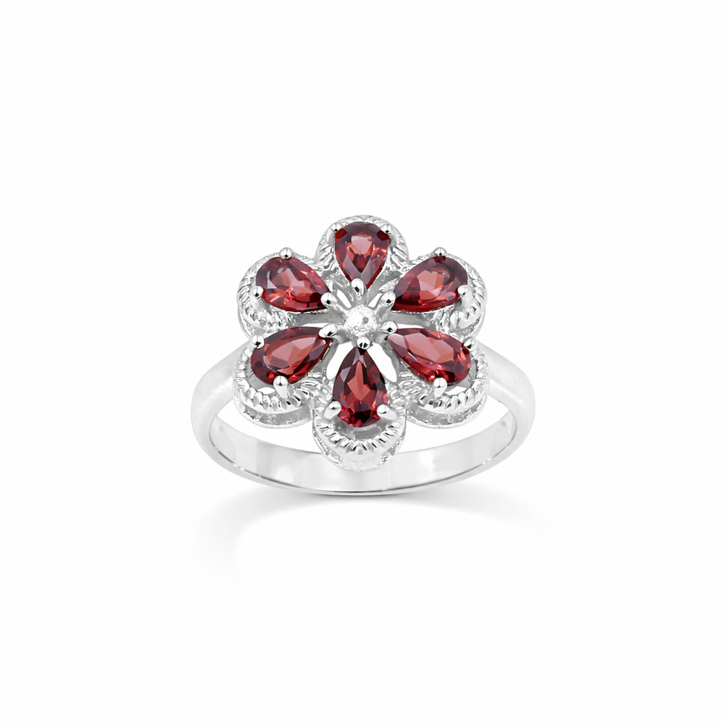 Garnet Flower Ring Pear Shape Gemstone Floral Design with Rope Border Sterling Silver Designer Ring