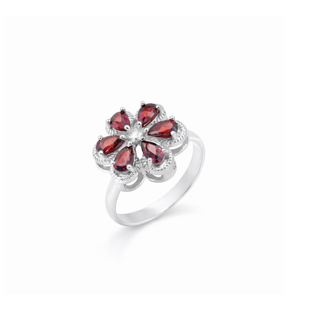 Garnet Flower Ring Pear Shape Gemstone Floral Design with Rope Border Sterling Silver Designer Ring