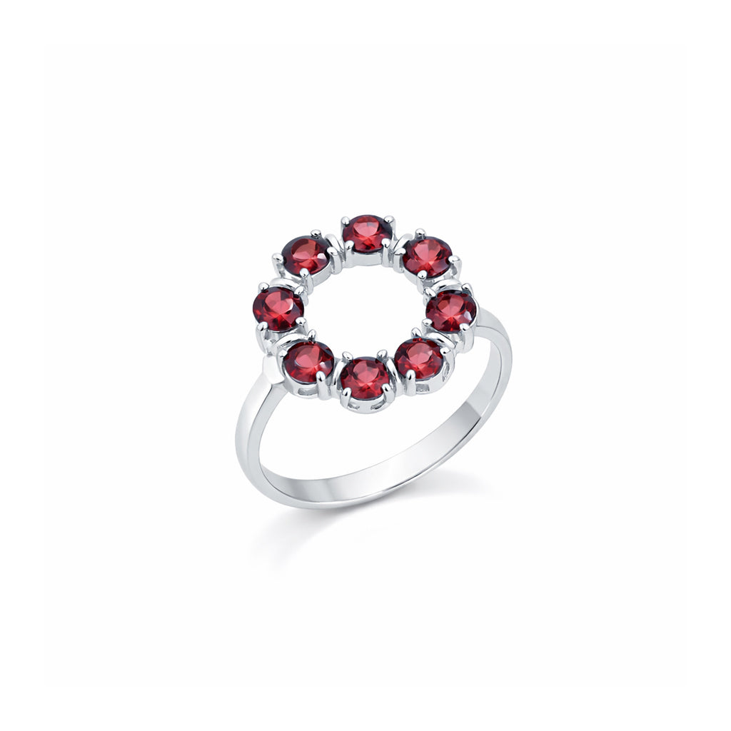 Seven Days of Love Garnet Circle 7 Round Stone Prong Set Sterling Silver Designer Ring