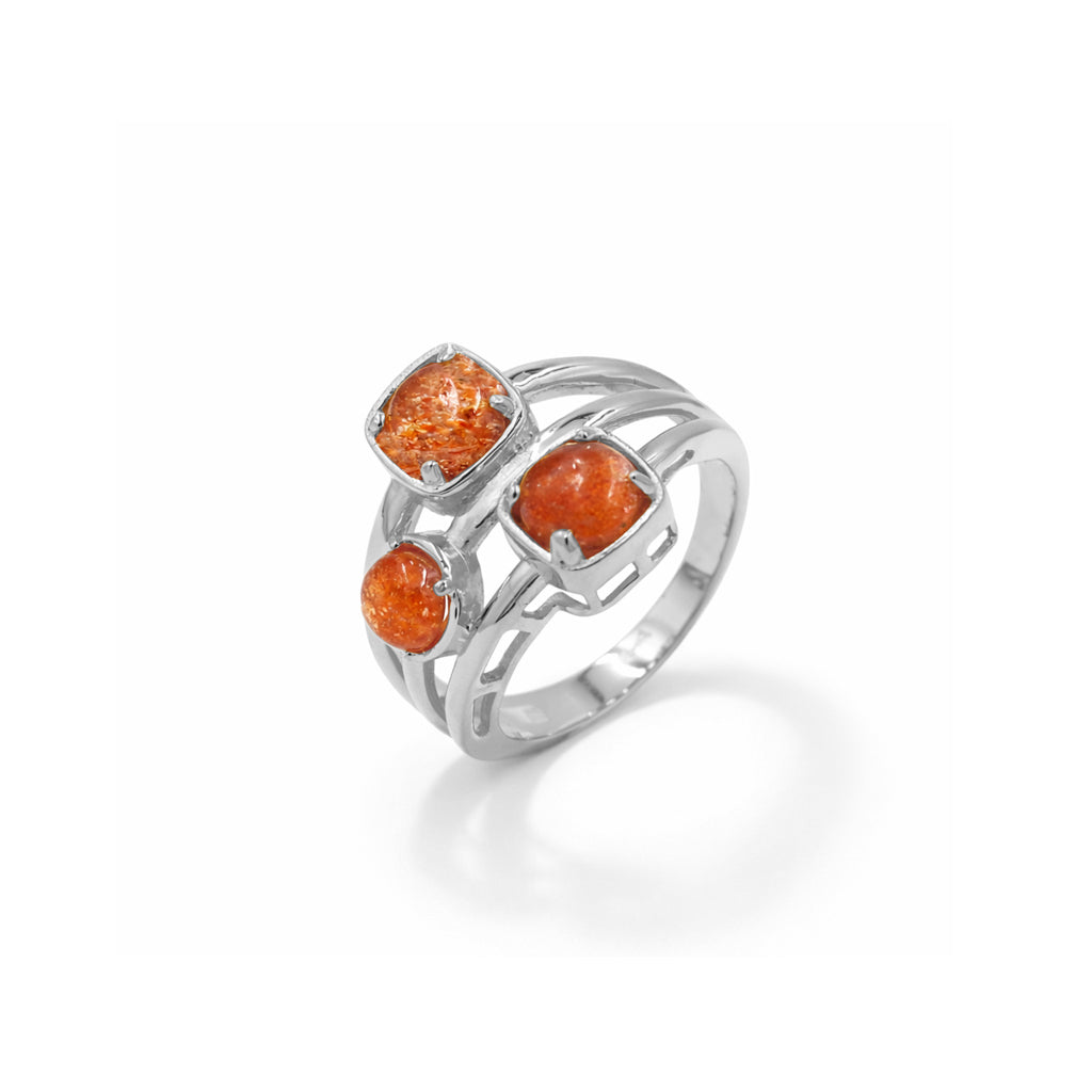 Sunstone Round Cabochon Three Stone Cocktail Three Layer Designer Ring