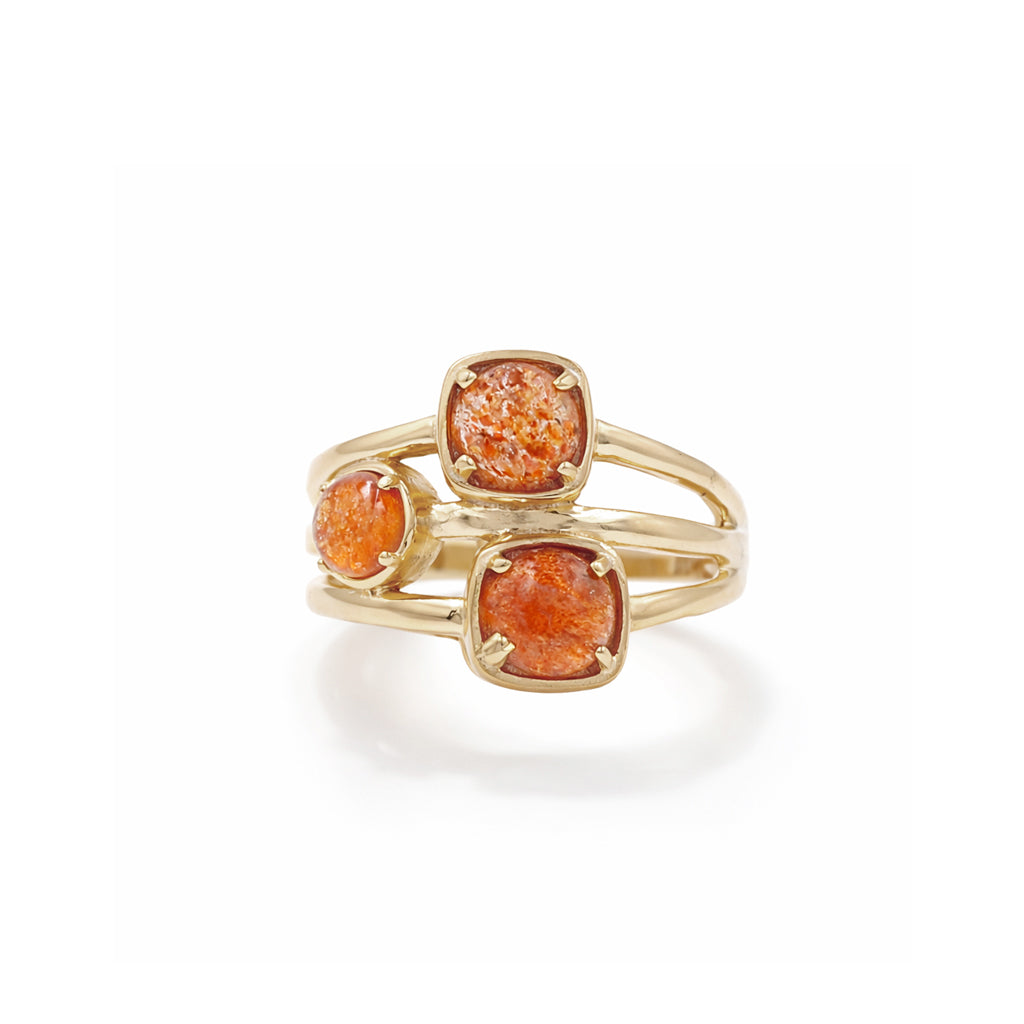 Sunstone Round Cabochon Three Stone Cocktail Three Layer Designer Ring