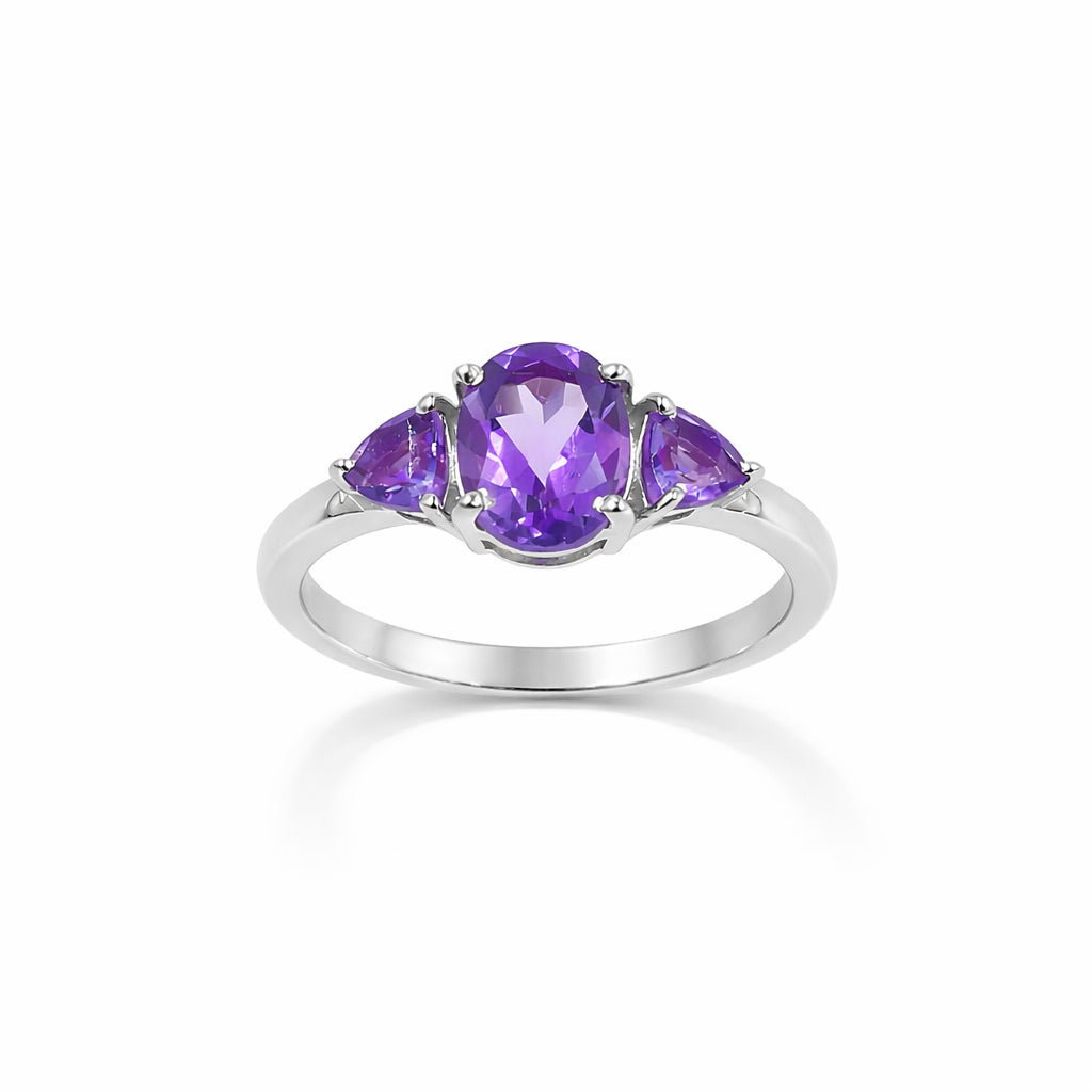 Amethyst Oval and Trillion Three Stone Ring Sterling Silver 925 Prong Set