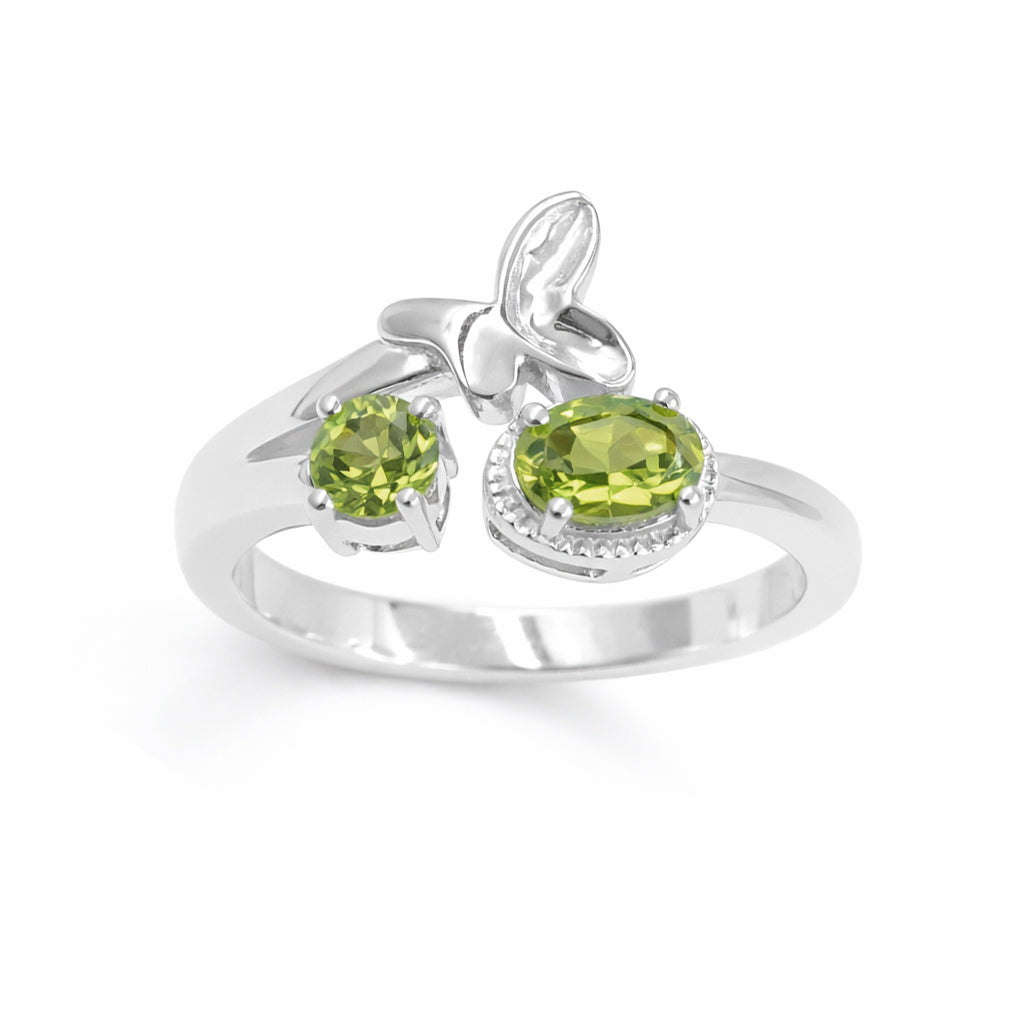 Silver 925 Butterfly Peridot Ring with Round & Oval Stones