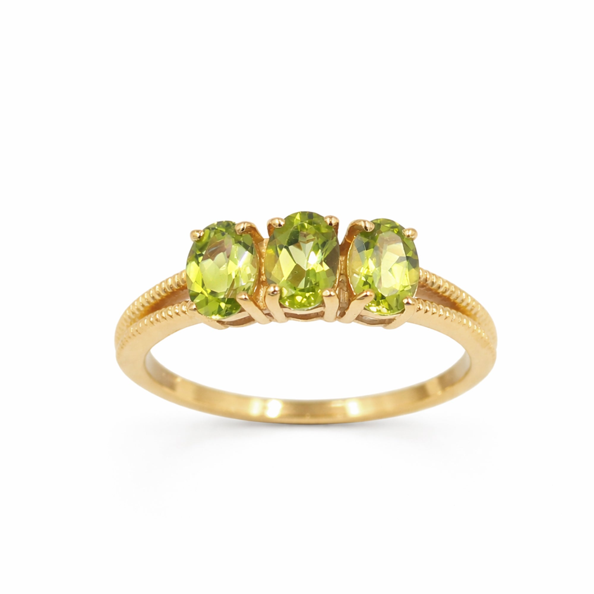 Three Oval Peridot Ring with V-Shape Band in 925 Silver