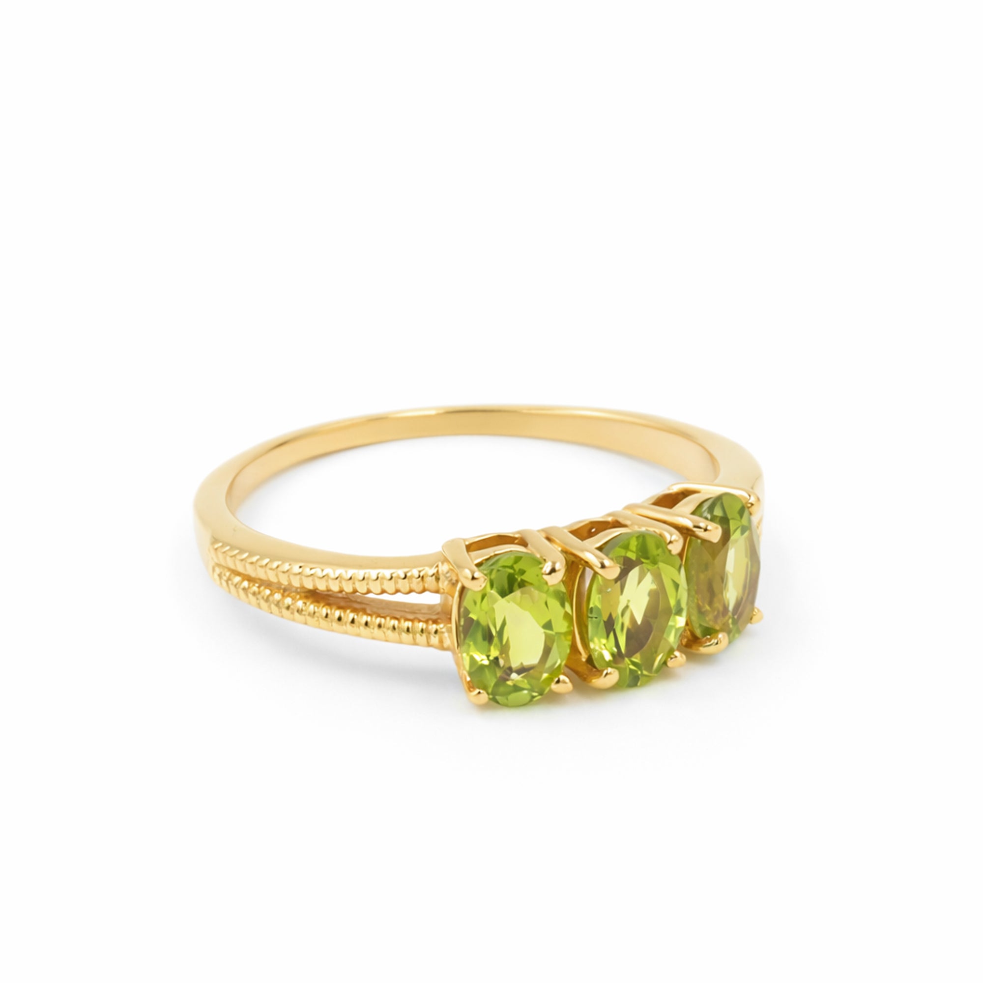 Three Oval Peridot Ring with V-Shape Band in 925 Silver