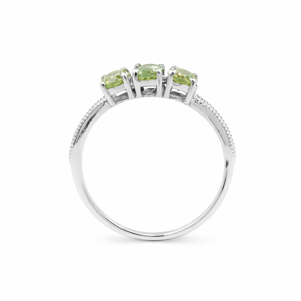 Three Oval Peridot Ring with V-Shape Band in 925 Silver
