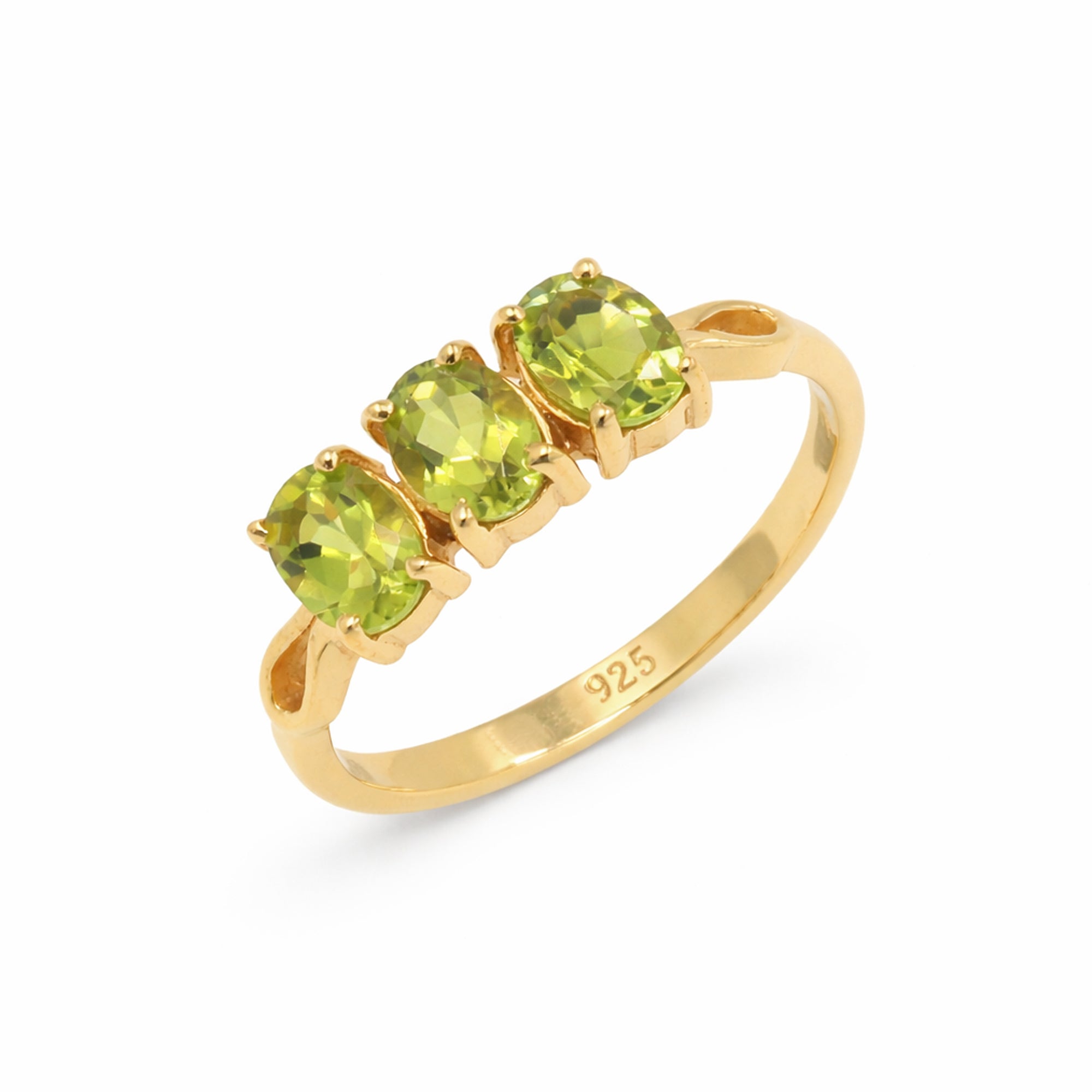 Three Stone Oval Cut Peridot Ring with Pear Shape Band in 925 Silver