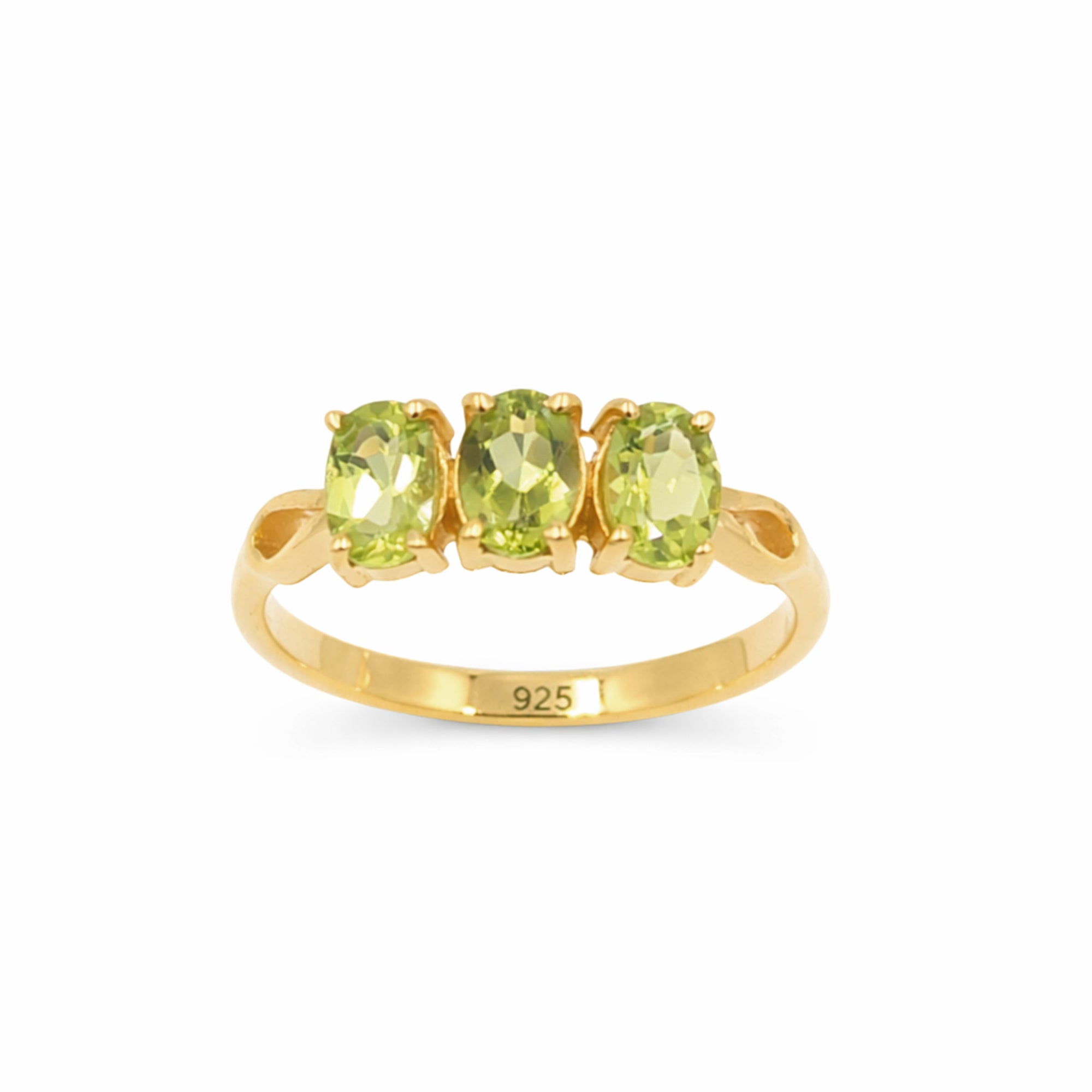 Three Stone Oval Cut Peridot Ring with Pear Shape Band in 925 Silver
